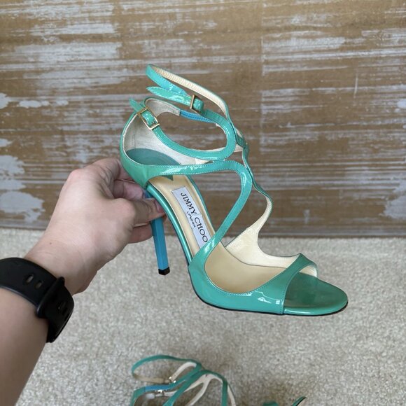 Jimmy Choo Lang Patent Leather Heeled Sandals Blue Preppy Classic - Picture 10 of 11
